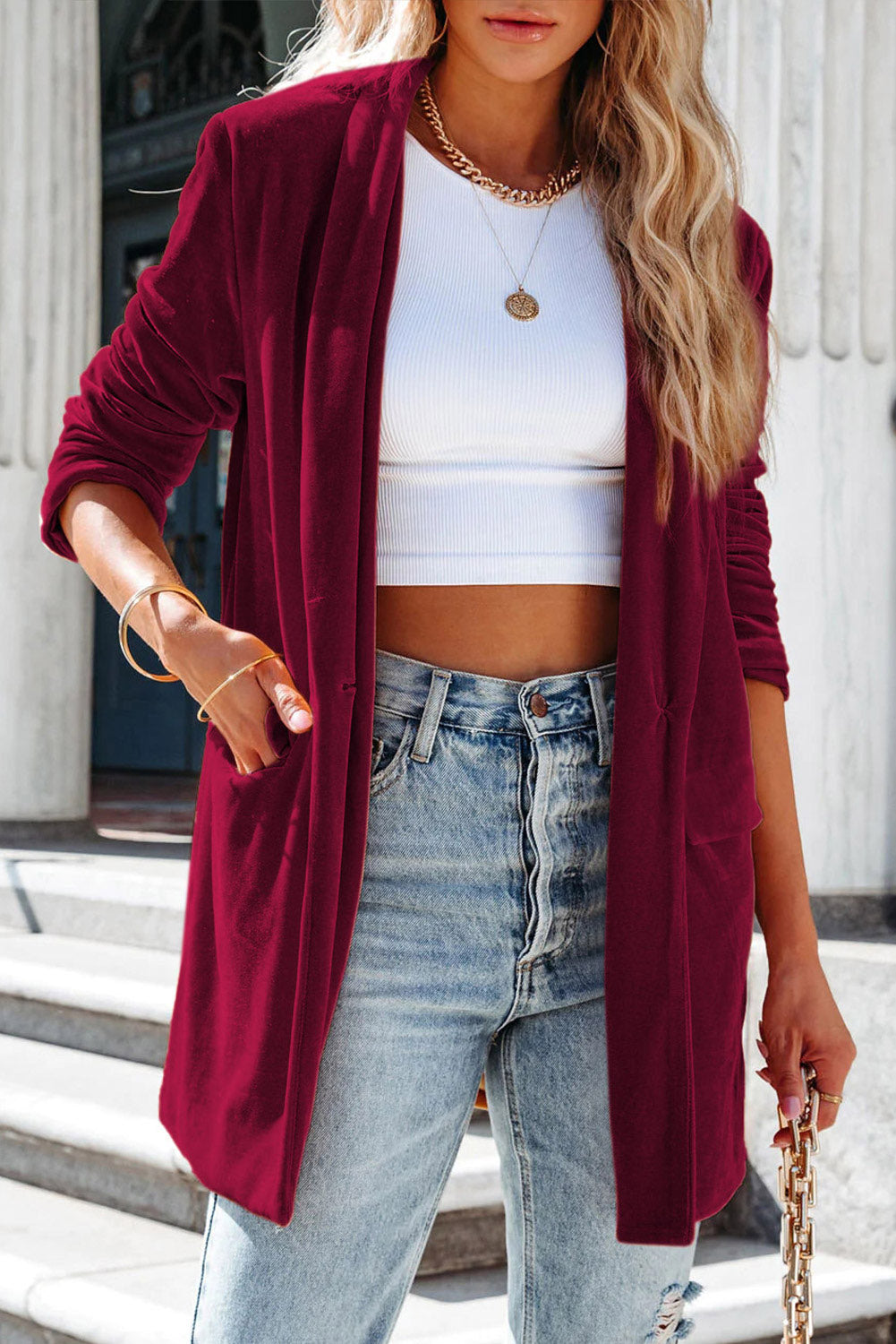 Rose Casual Pocketed Velvet Blazer