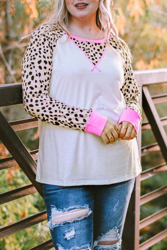 Leopard Patchwork Long Sleeve Plus Size Top