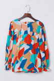 Abstract Pattern Crewneck Ruffled Puff Sleeve Blouse