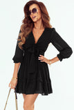 Deep V Neck Lantern Sleeve Knotted Tiered Mini Dress