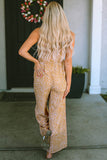 Leopard Print Drawstring Ruffled V Neck Jumpsuit