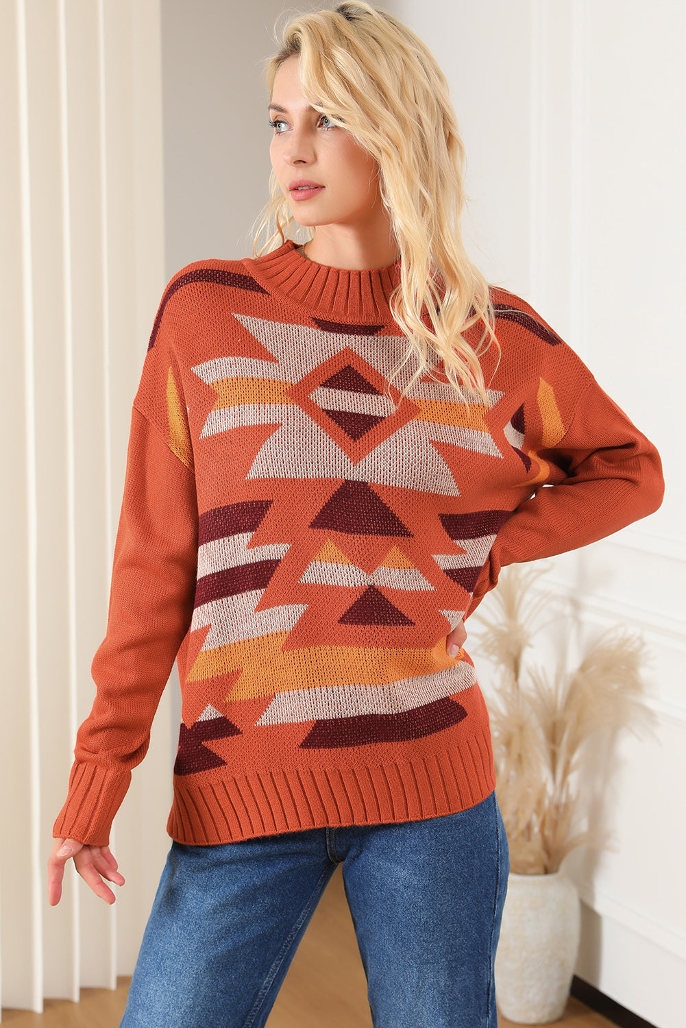 Aztec Knitted High Neck Drop Shoulder Sweater