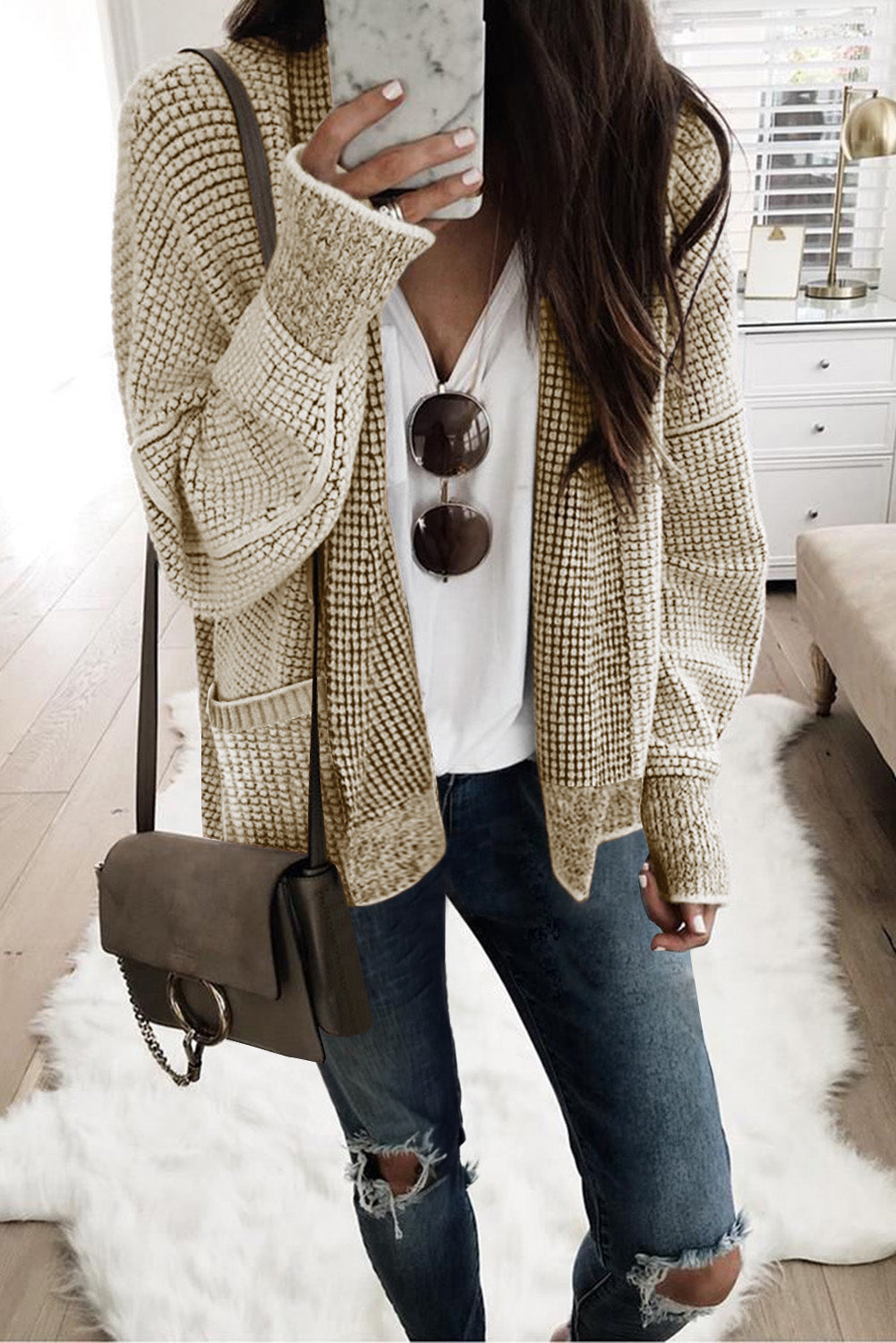 Gray Textured Knit Pocketed Duster Cardigan