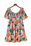 Plus Size Shirred Mixed Print Ruffle Dress