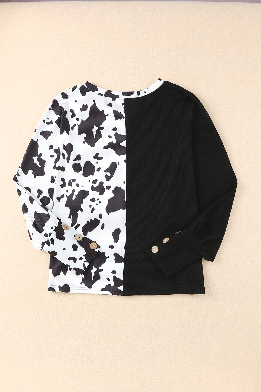 Cow Patchwork Waffle Knit Long Sleeve Top