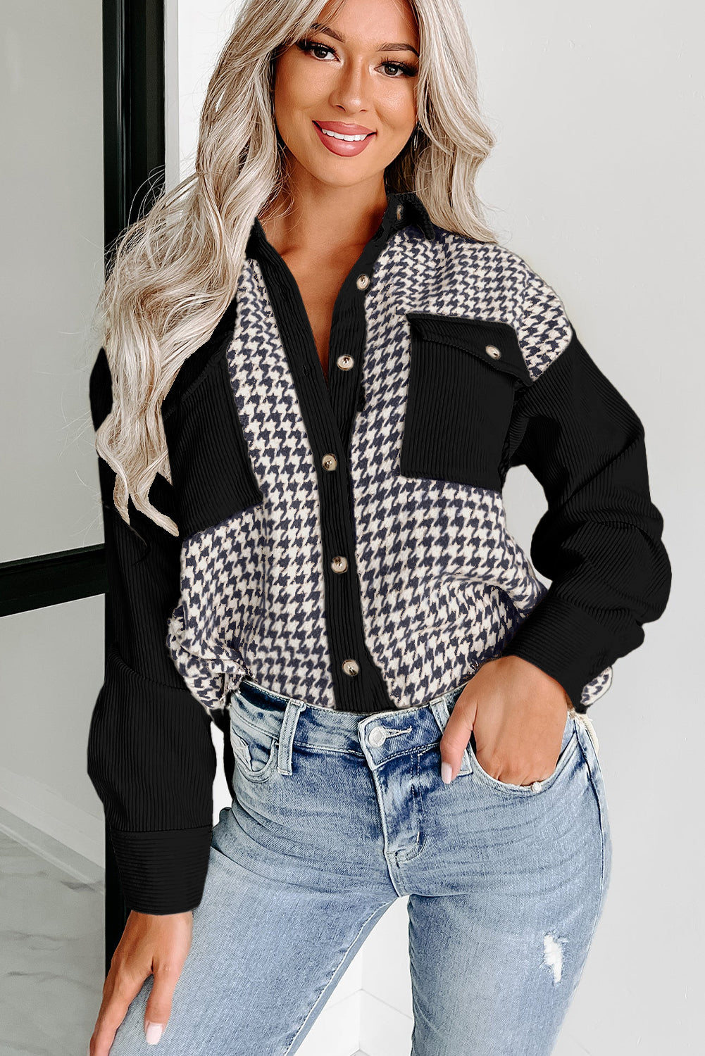 Parchment Houndstooth Corduroy Patchwork Flap Pocket Shacket