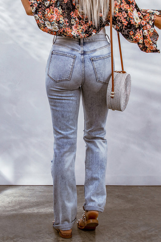 Acid Wash Sheath Straight Leg Distressed Jeans