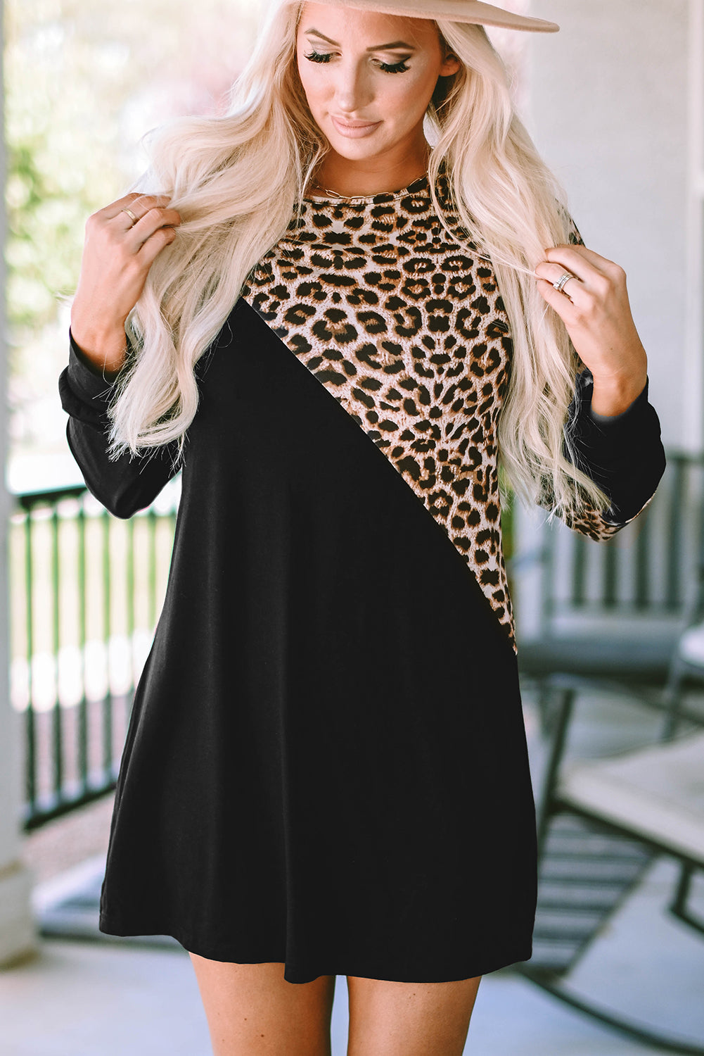 Asymmetric Cold Shoulder Leopard Colorblock Mini Dress