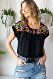 Geometric Floret Embroidered Short Sleeve Blouse