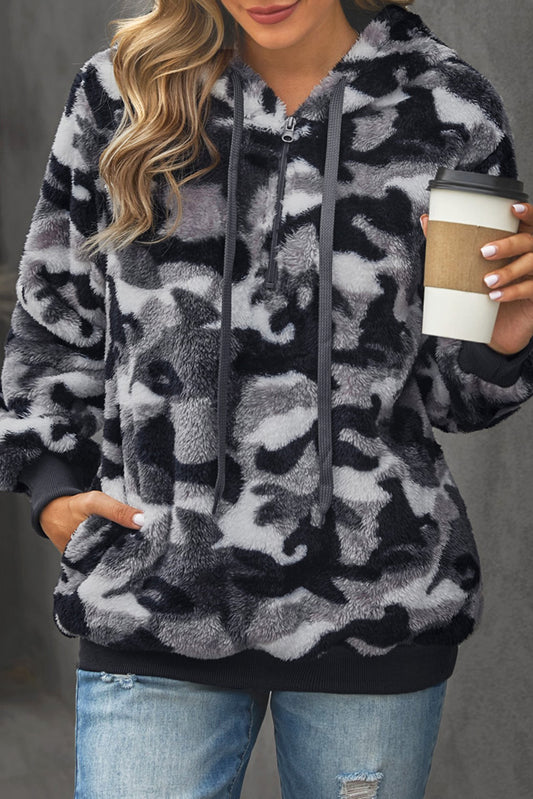 Camo Print Warm Furry Pullover Hoodie