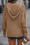 V Neck Ribbed Drop Shoulder Hooded Sweater