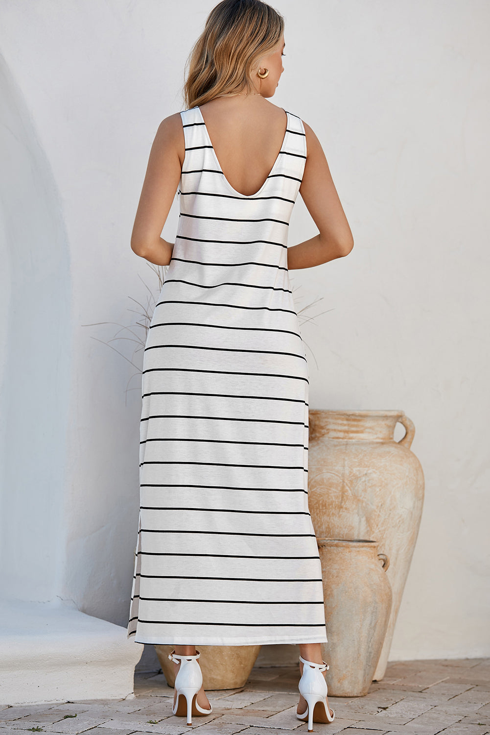 Khaki Stripe Print Open Back Sleeveless Maxi Dress with Slits