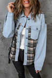 Plaid Patchwork Raw Hem Denim Jacket