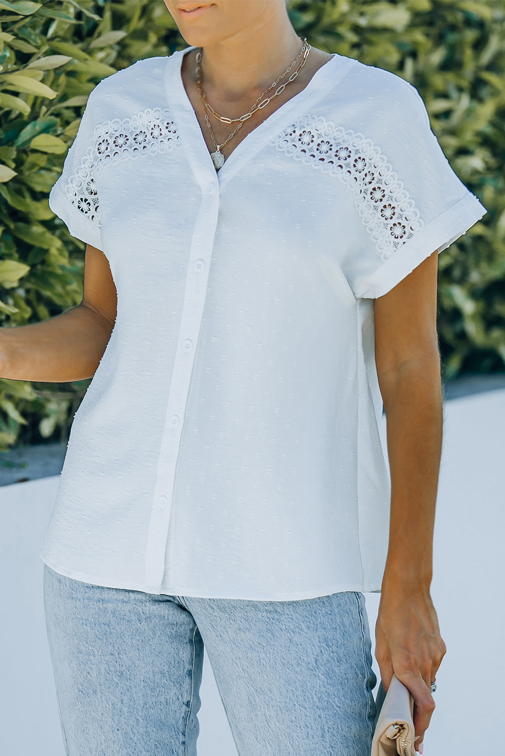 Swiss Dot Lace Splicing Buttoned Short Sleeve Shirt