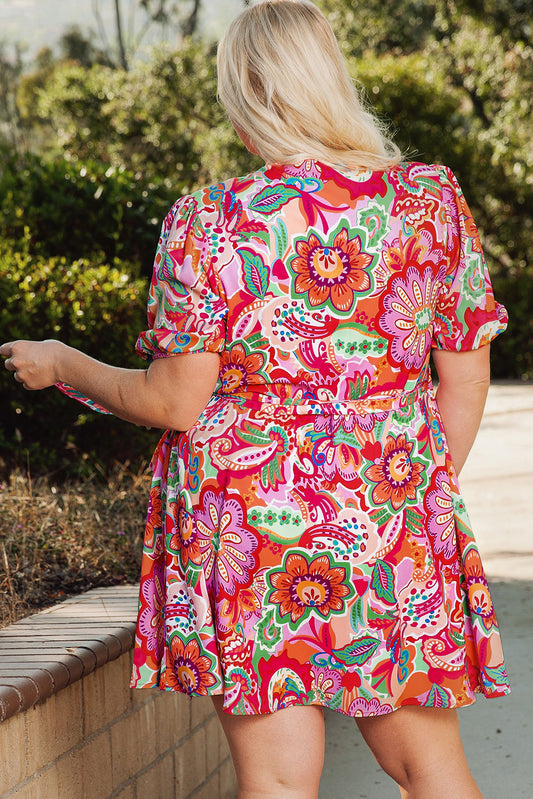 Robe portefeuille multicolore Boho Paisley à imprimé floral, col en V, manches bouffantes, grande taille