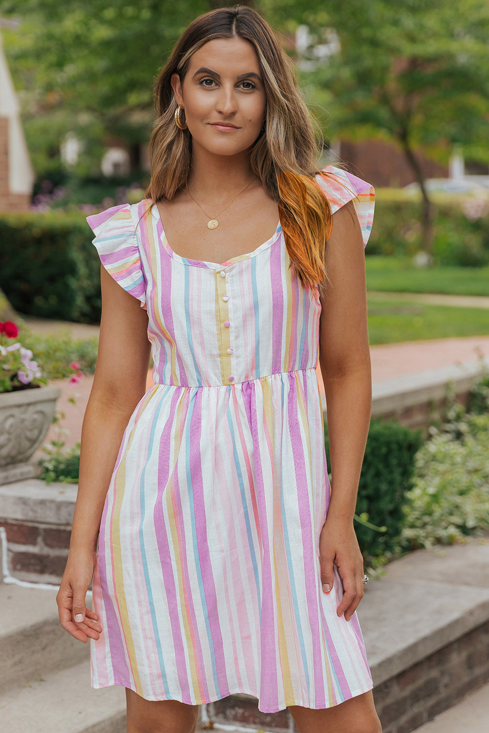 Striped Tiered Ruffle Cap Sleeve Top