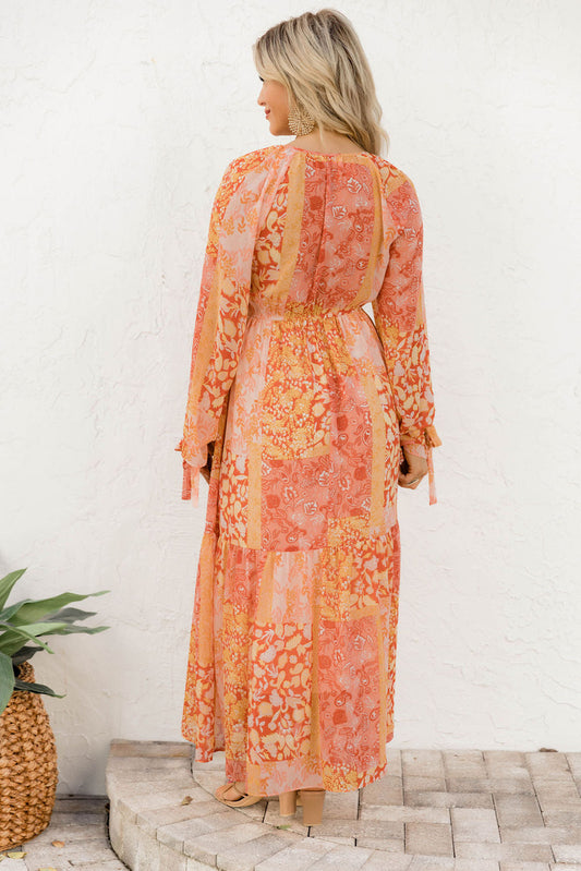 Robe portefeuille à fleurs style Boho orange, col en V, cravate, manches longues