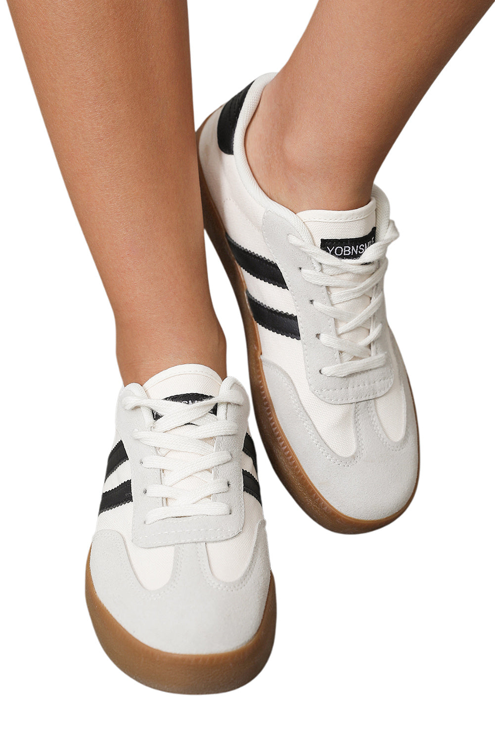 White Striped Lace-up Flat Sneakers