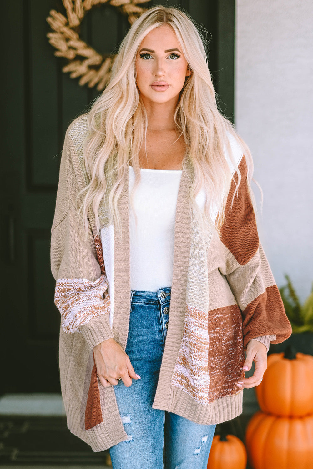 Checkered Pattern Open Front Drop Shoulder Slouchy Cardigan