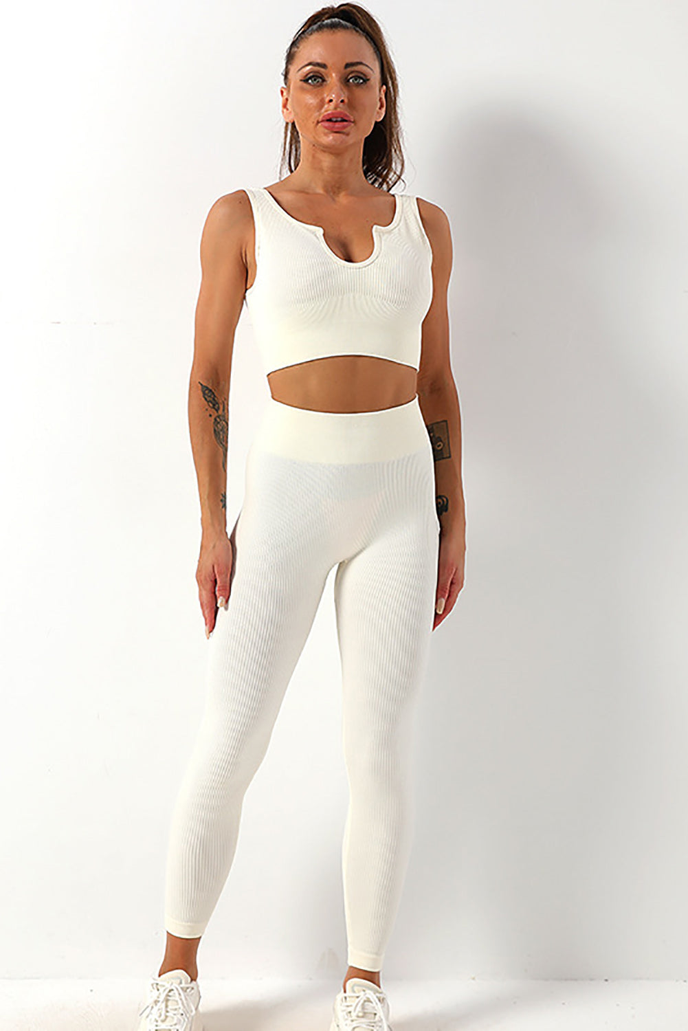 Pantalon de yoga taille haute côtelé uni blanc avec contrôle du ventre