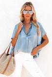 Split V-Neck Balloon Sleeve Ruched Denim Top