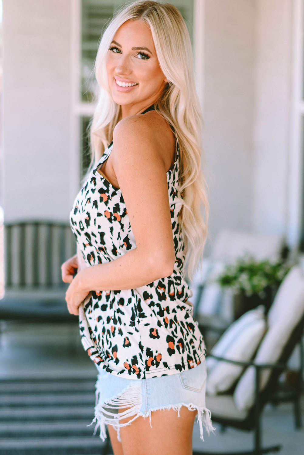 Leopard Color Block Casual Tank Top