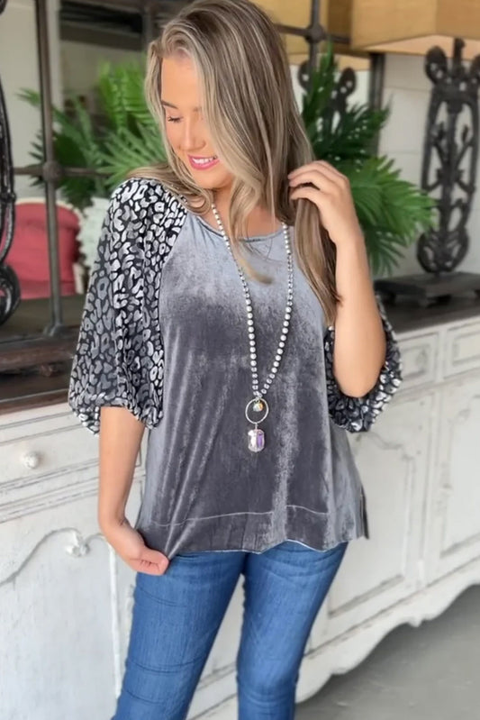 Medium Grey Leopard Splicing Lantern Sleeve Velvet Blouse