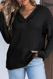 V Neck Ribbed Drop Shoulder Hooded Sweater