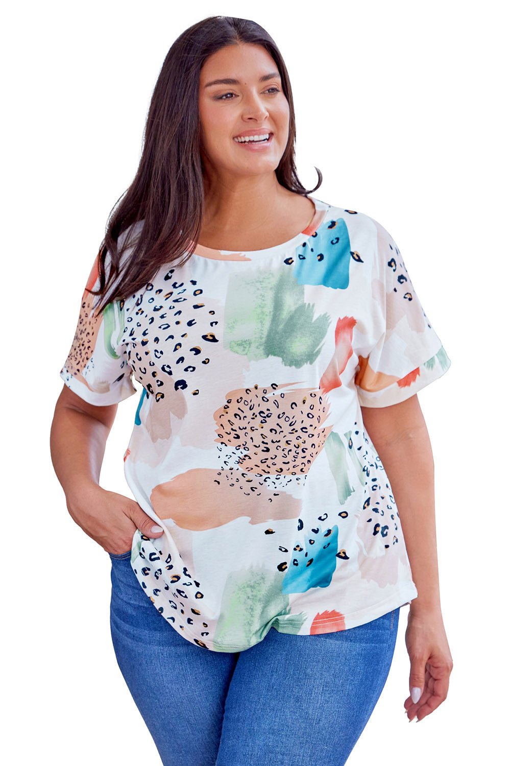 White Animal Watercolor Mixed Print Plus Size Top