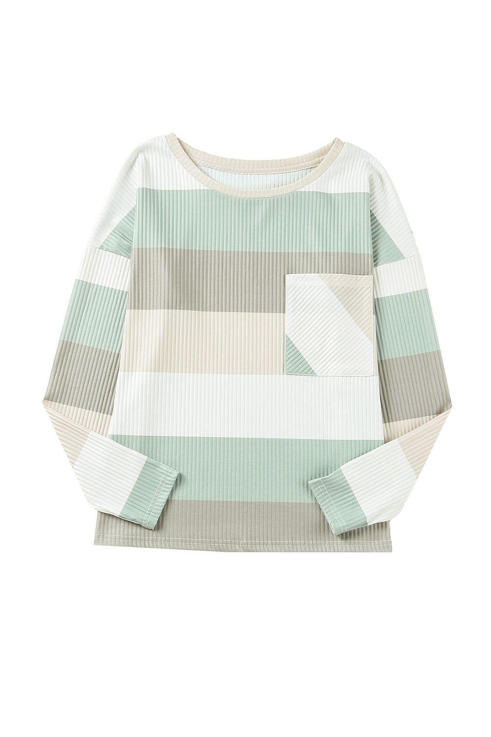 Striped Colorblock Ribbed Knit Top with Pocket