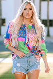 Floral Patchwork Print Buttoned Puff Sleeve Shirt