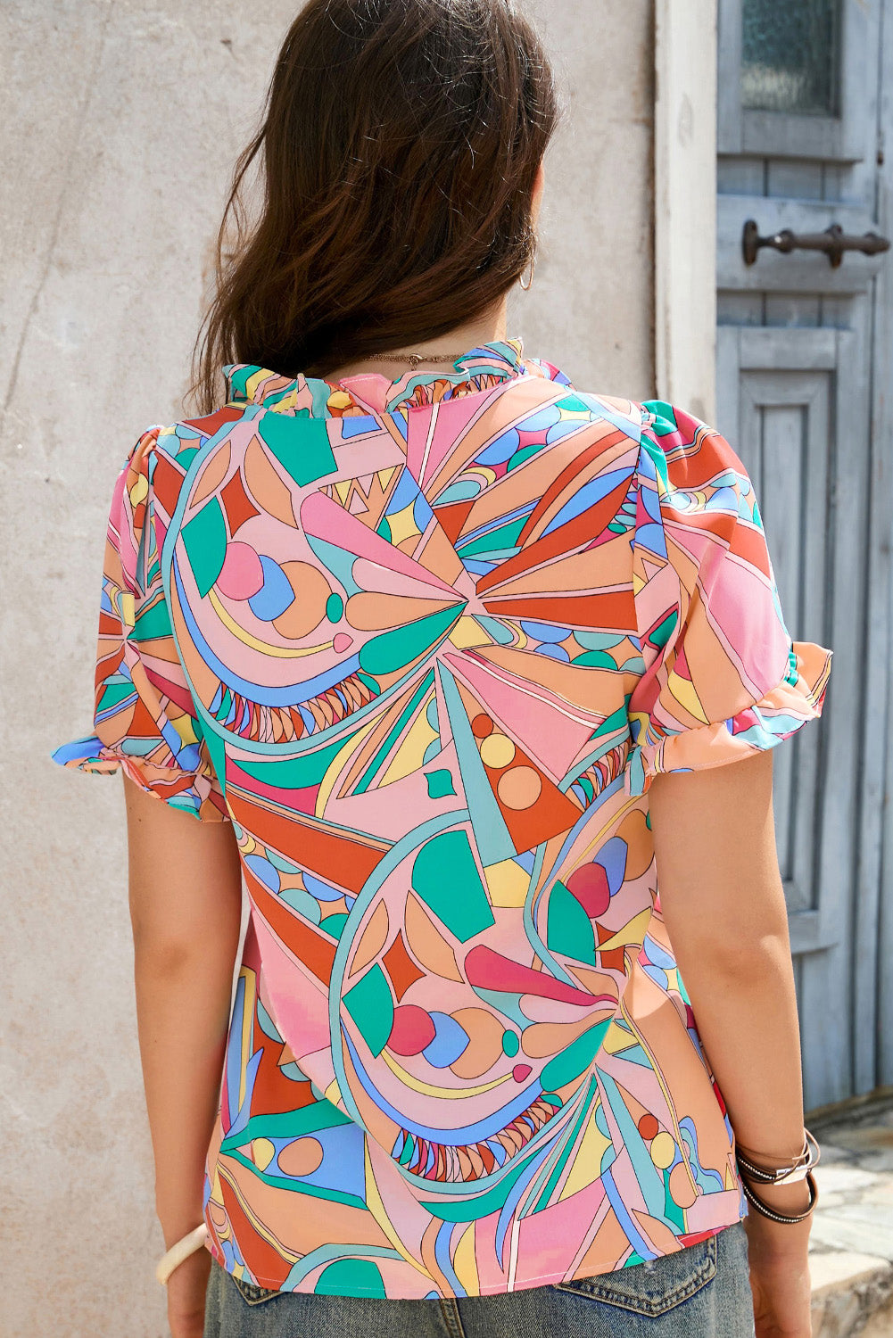 Abstract Geometry Print Half Puff Sleeve Loose Shirt