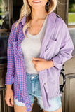 Chemise violette boutonnée à manches longues et poche poitrine à carreaux mélangés