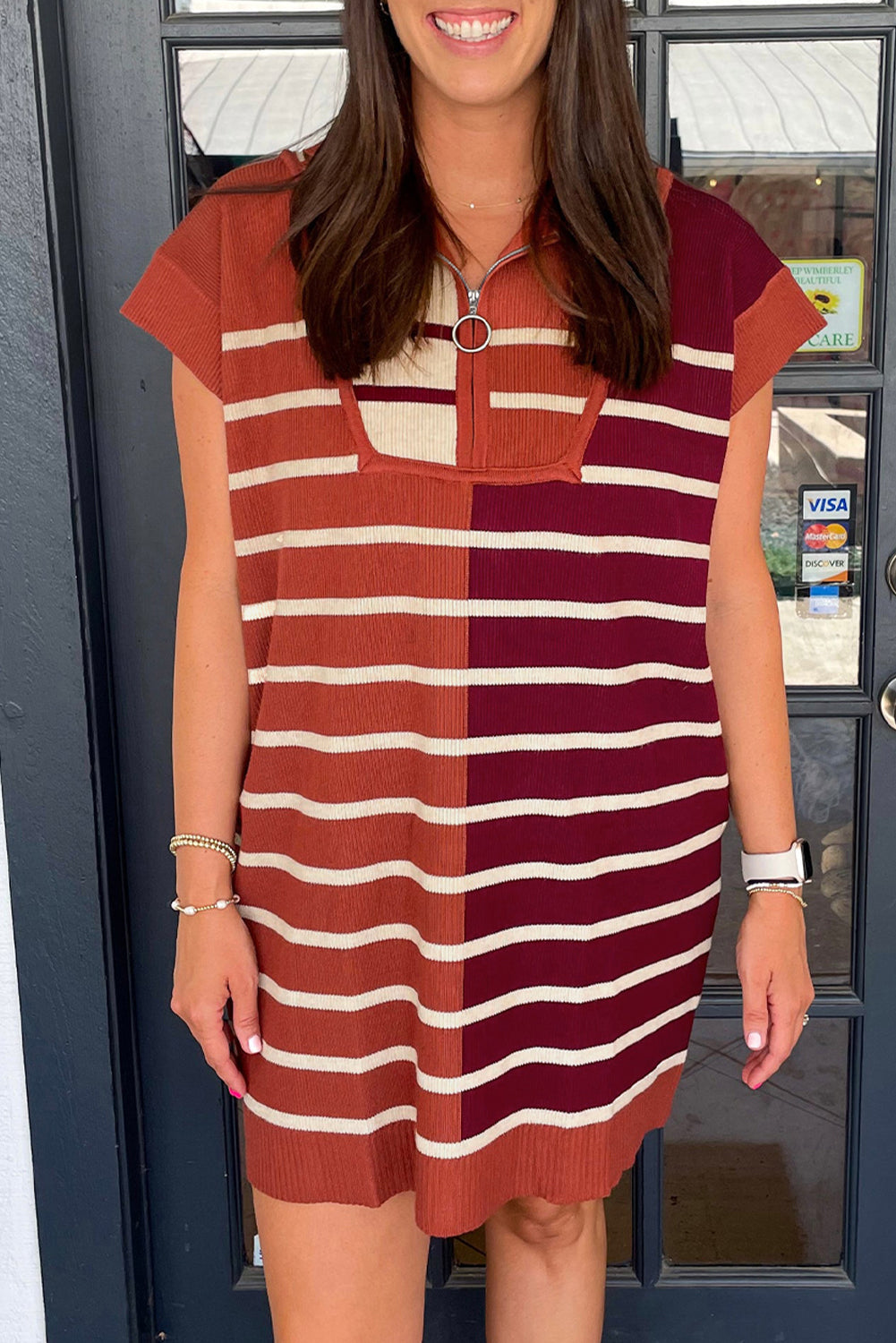 Brown Stripe Color Block Quarter Zip Collar Short Sleeve Sweater Dress