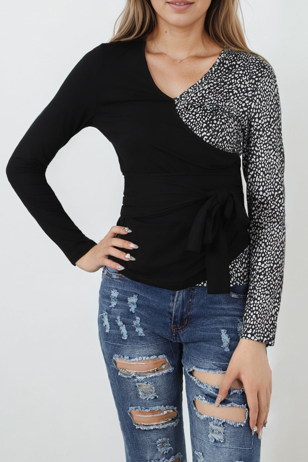 Contrast Printed Tie Side Wrapped Long Sleeve Top