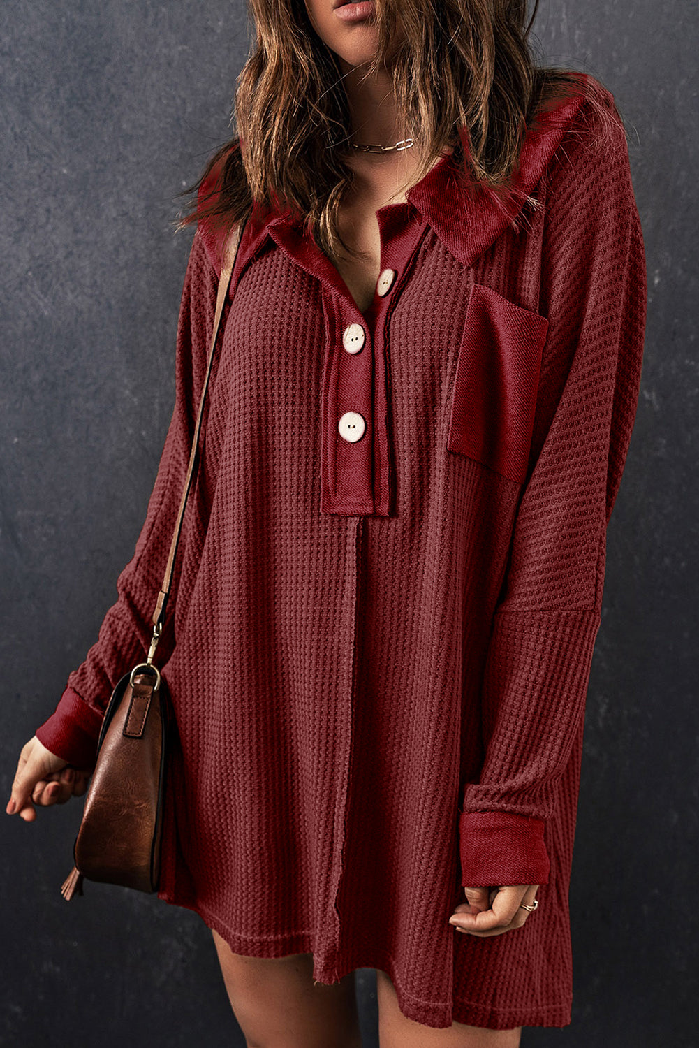 Brown Waffle Knit Buttoned Long Sleeve Top