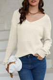 Beige Ribbed Knit V Neck Sweater