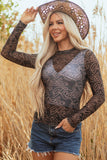 Black Western Rodeo Printed Mock Neck Long Sleeve Mesh Top