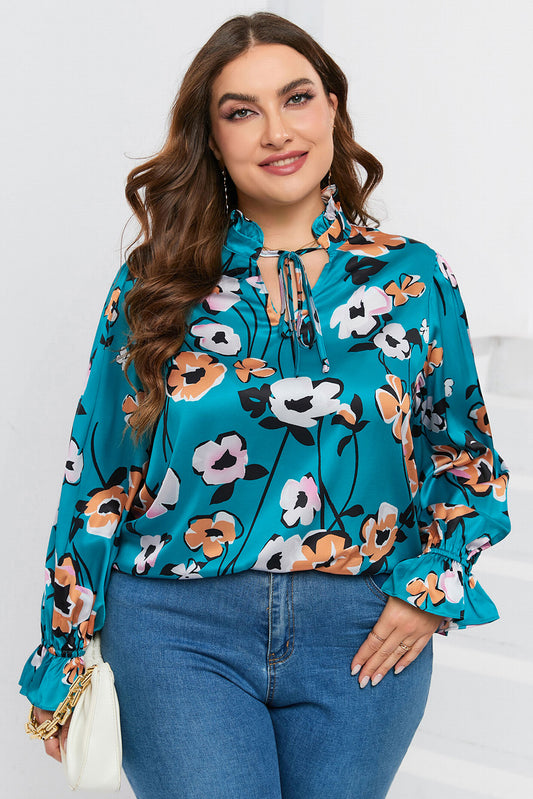 Floral Print V Neck Plus Size Blouse