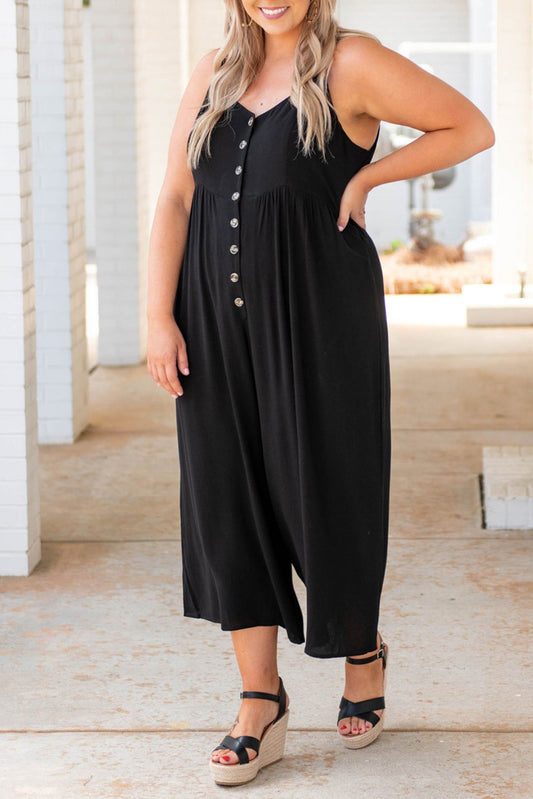 Buttons Sleeveless Wide Leg Plus Size Jumpsuit