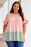 Ruffled Short Sleeve Leopard Splicing Flowy Plus Size Top