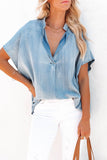 Split V-Neck Balloon Sleeve Ruched Denim Top