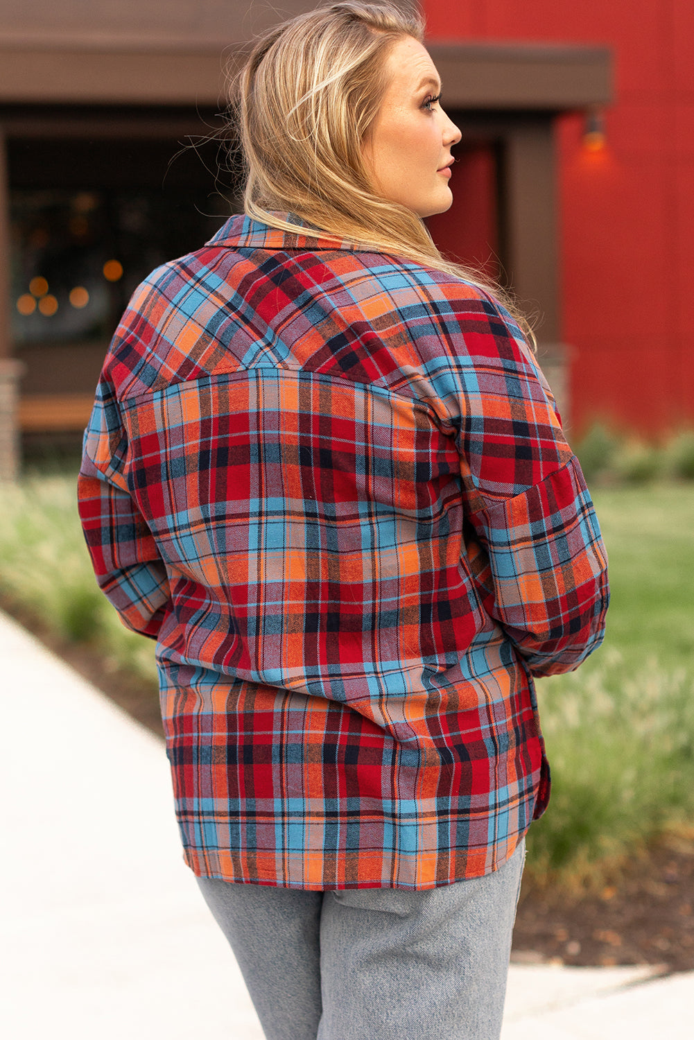 Orange Plus Size Plaid Print Buttoned Shirt