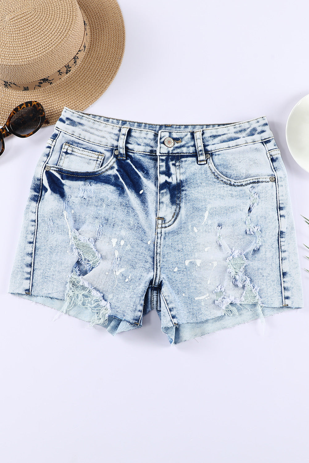 Short en denim blanchi effet vieilli bleu ciel 