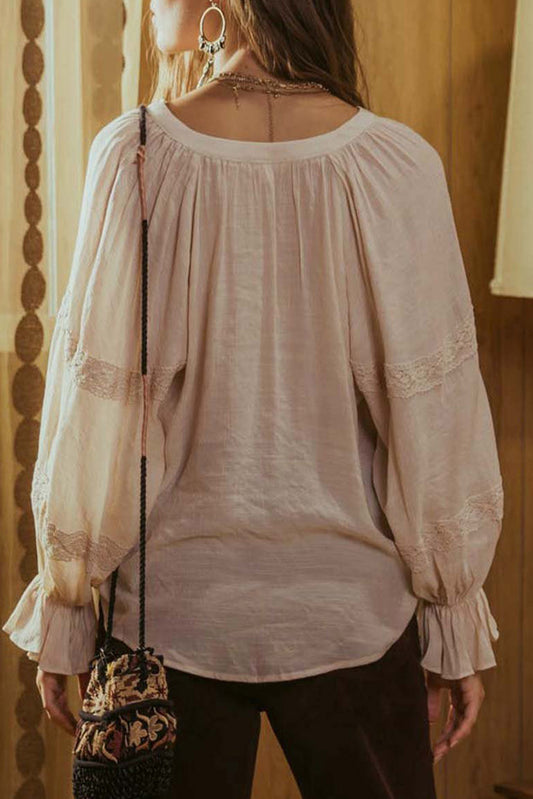 Lace Patchwork Ruffled Drawstring V Neck Blouse