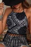 Paisley Print Fringe Trim Halter Tank Top