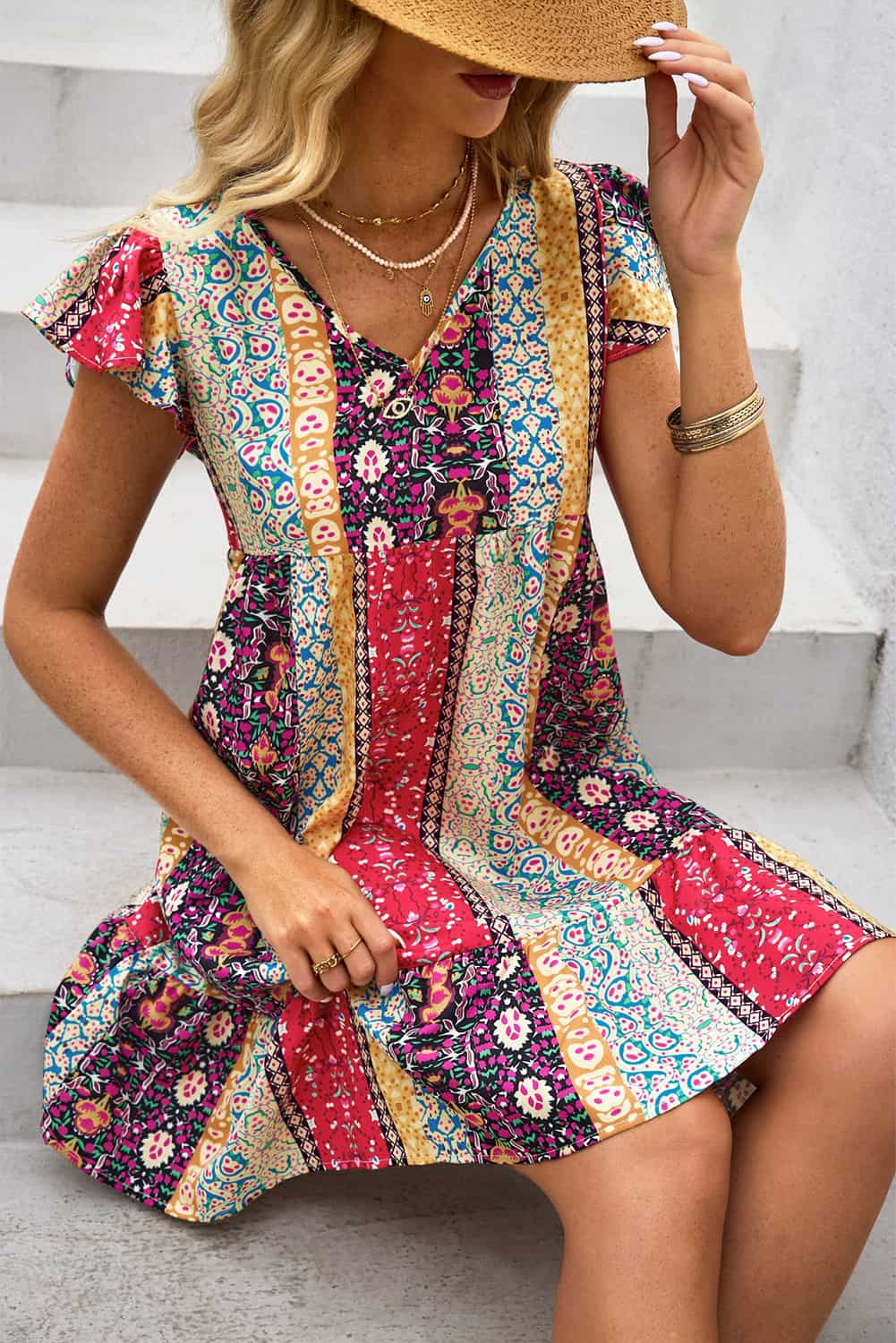 Floral Patchwork Print Flutter Sleeve Dress