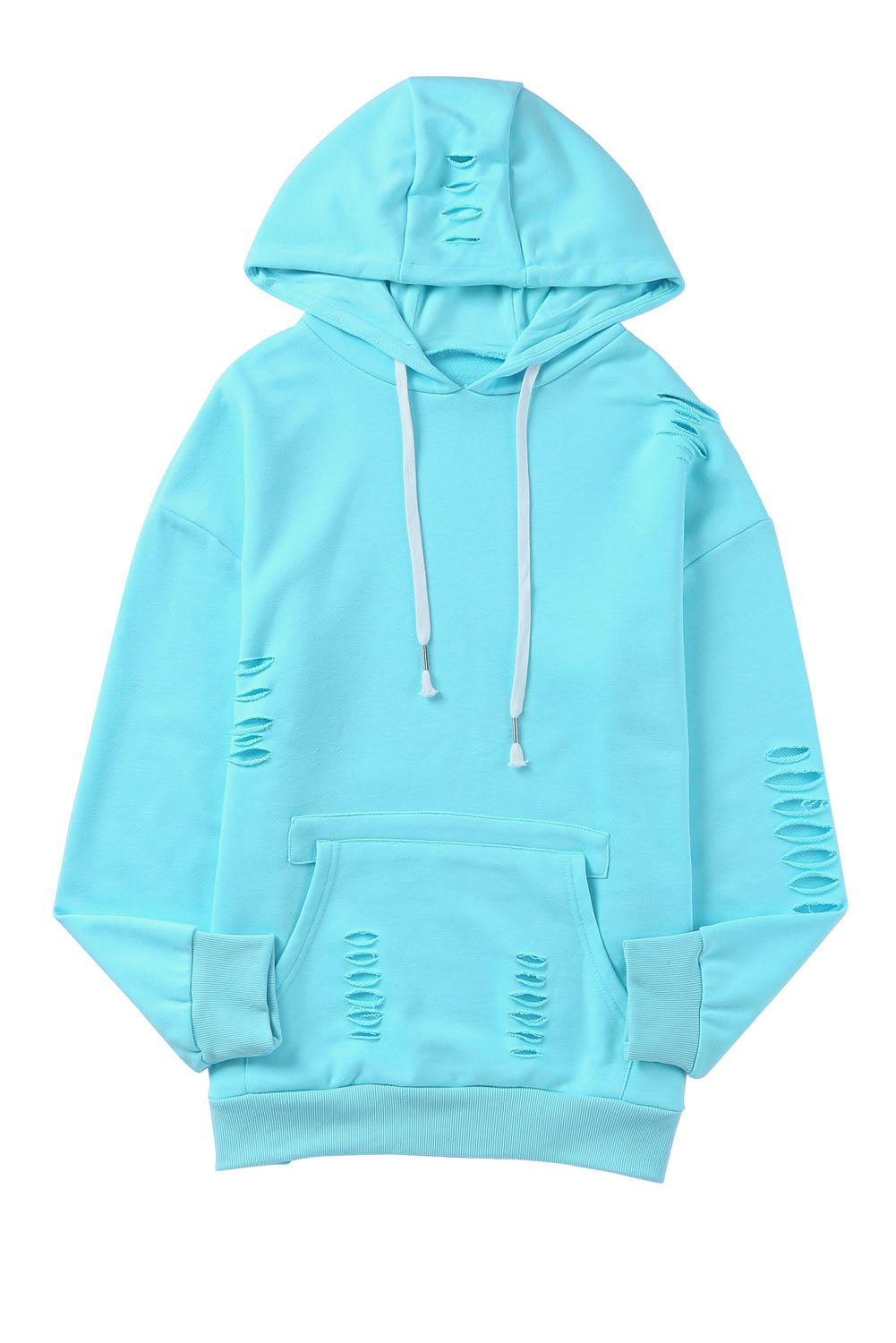 Solid Ripped Hooded Sweatshirt with Kangaroo Pocket