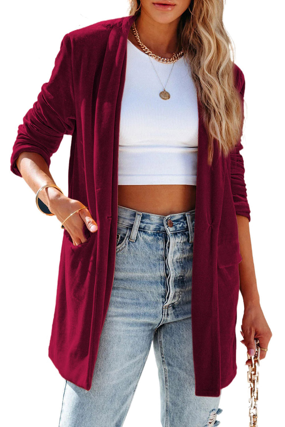 Rose Casual Pocketed Velvet Blazer