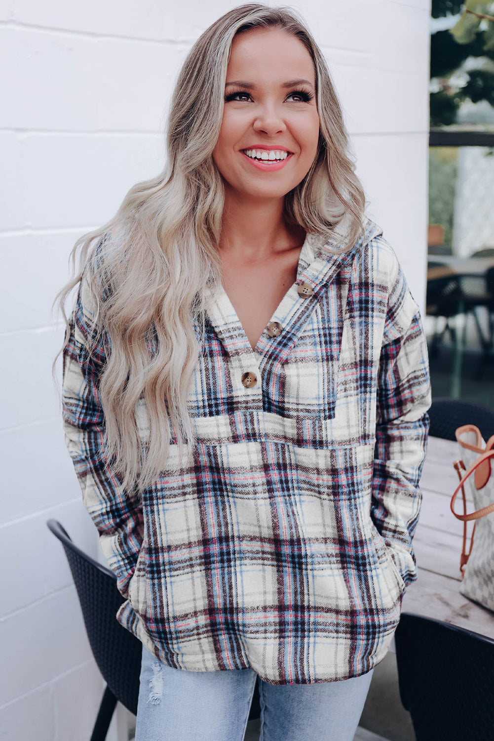 Plaid Button Neck Pocketed Pullover Hoodie